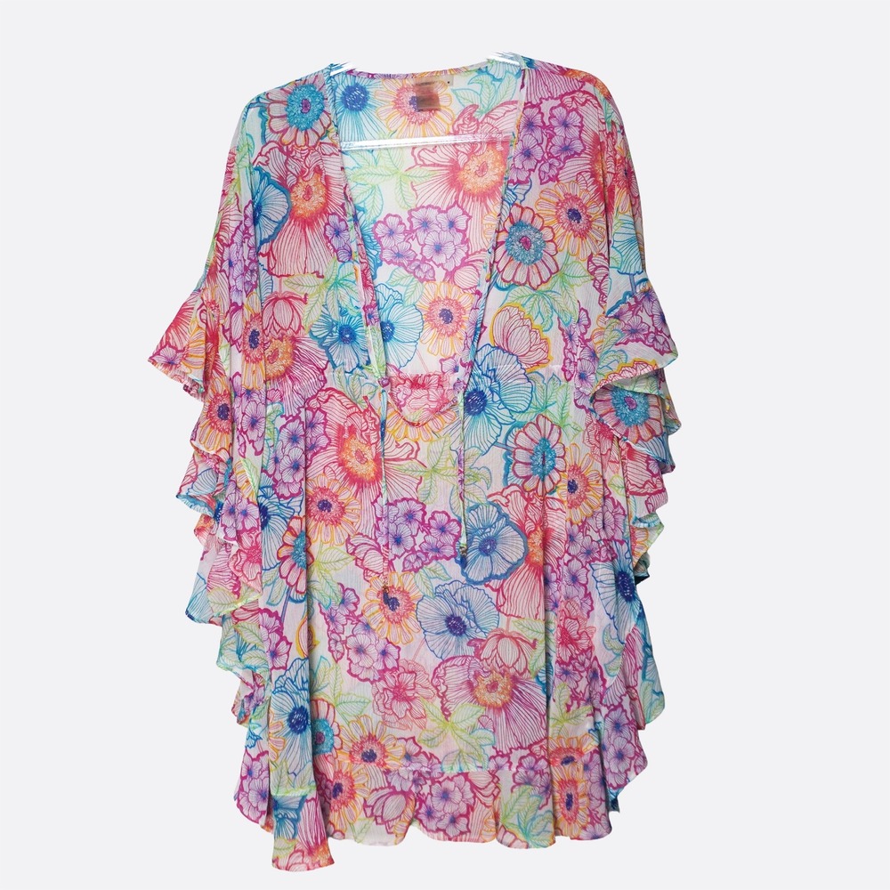 Bleu Rod Beattie Floral Ruffle Sleeve L XL 1X 12 14 Multicolor Kaftan Coverup - Picture 2 of 9